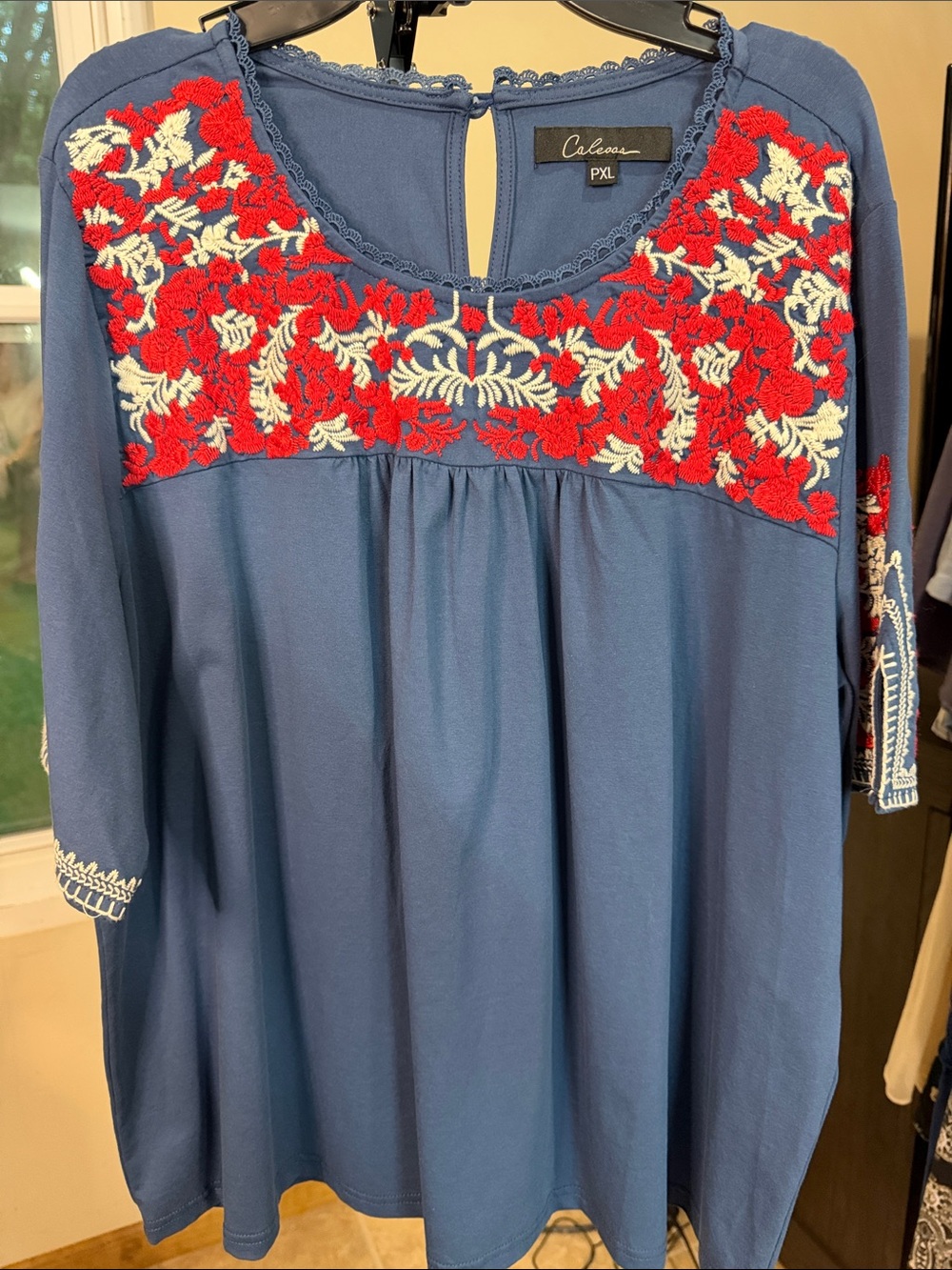 Cecilia Blue Embroidered Peasant Blouse with Red & Cream Floral Yoke 2184